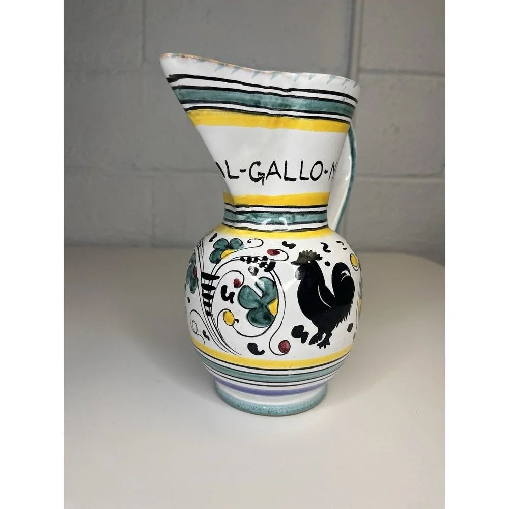 Deruta Pitcher Black Rooster Floral Jug Ristorante Gallo Nero Green Yellow Italy